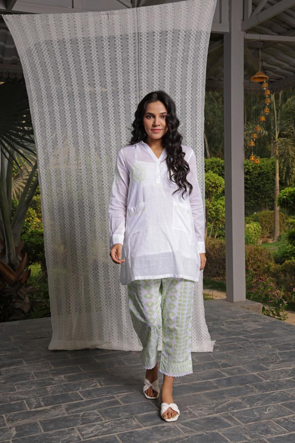 White & GREEN mul cotton coord set of 3-Kurta ,slip ,pants