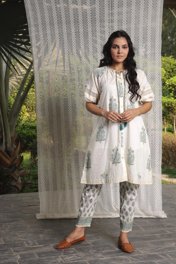 White and blue hand block printed tunic kurta teamed with narrow pants