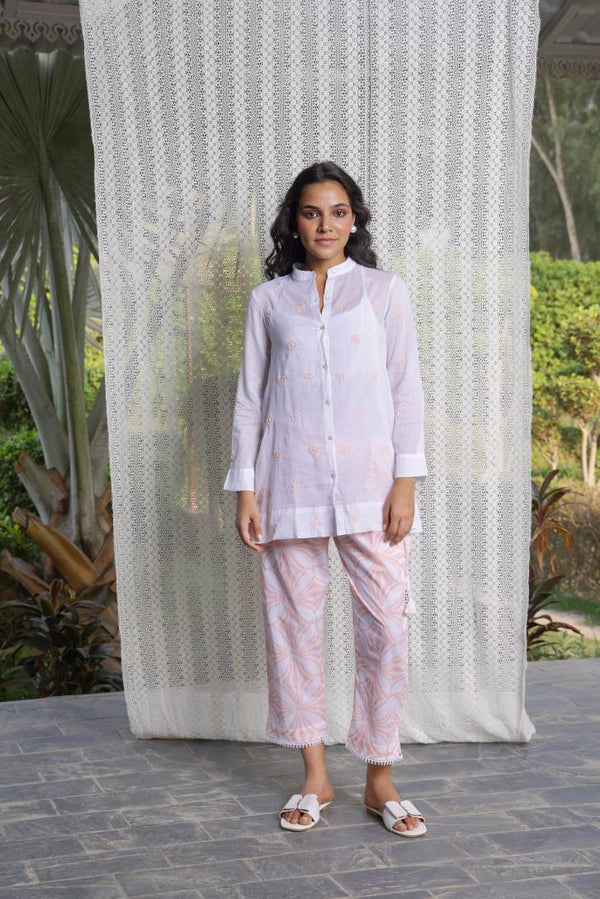 White & PINK mul cotton coord set of 3-Kurta ,slip ,pants