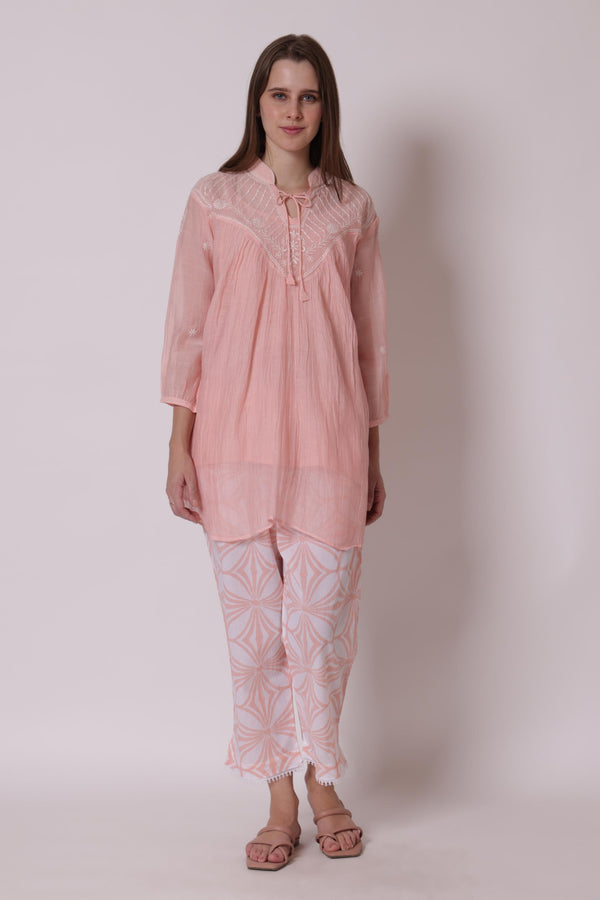 PEACH chikankari coord set 0f 3-shirt ,slip and pants