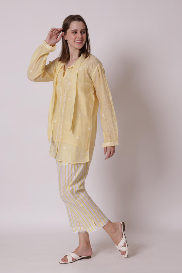 YELLOW chikankari coord set 0f 3-shirt ,slip and pants