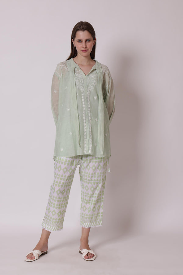 Green chikankari coord set 0f 3-shirt ,slip and pants