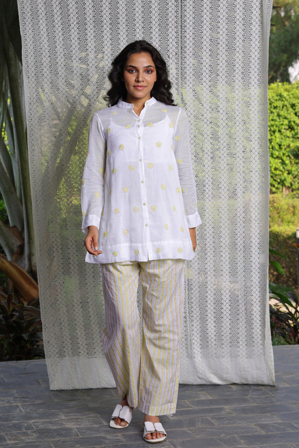 White & YELLOW mul cotton coord set of 3-Kurta ,slip ,pants